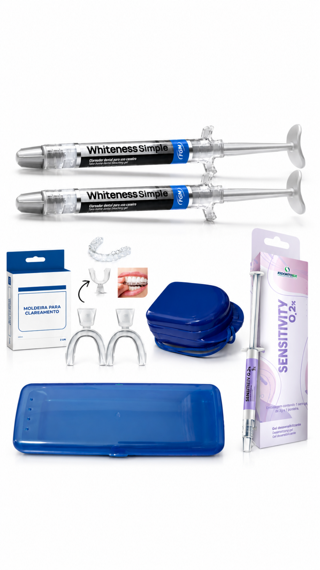 Kit Clareador Dental Whiteness Simple FGM com 2 Seringas + Dessensibilizante +  Moldeira