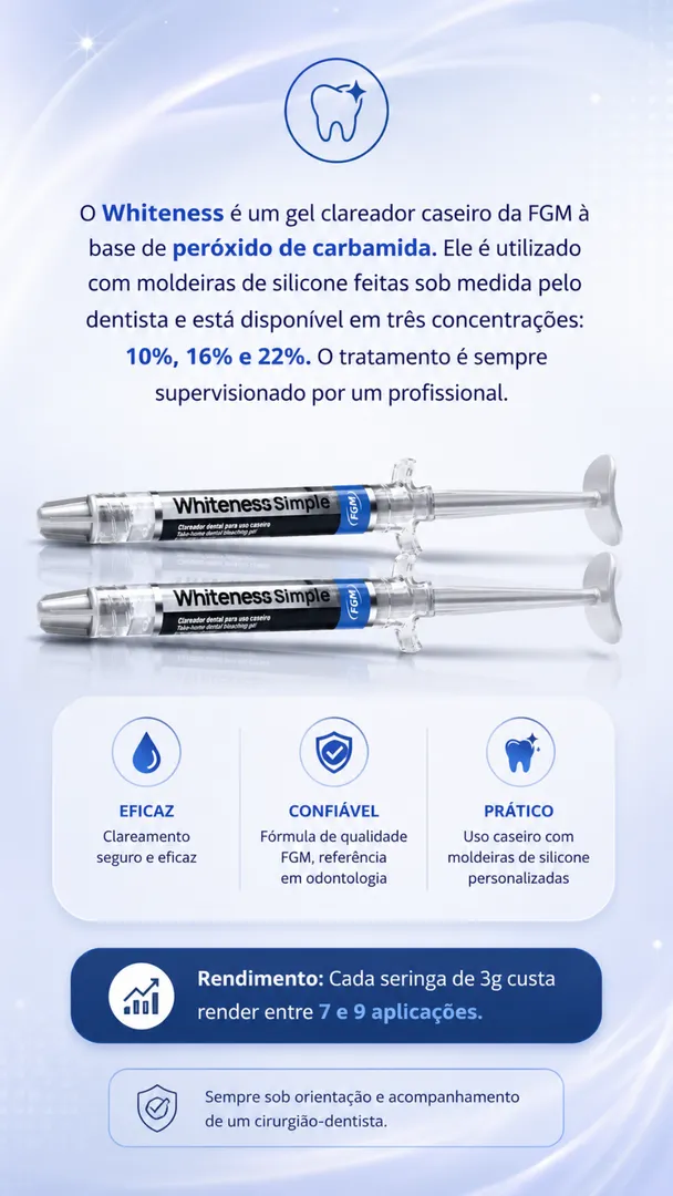 Kit Clareador Dental Whiteness Simple FGM com 2 Seringas + Dessensibilizante +  Moldeira 3