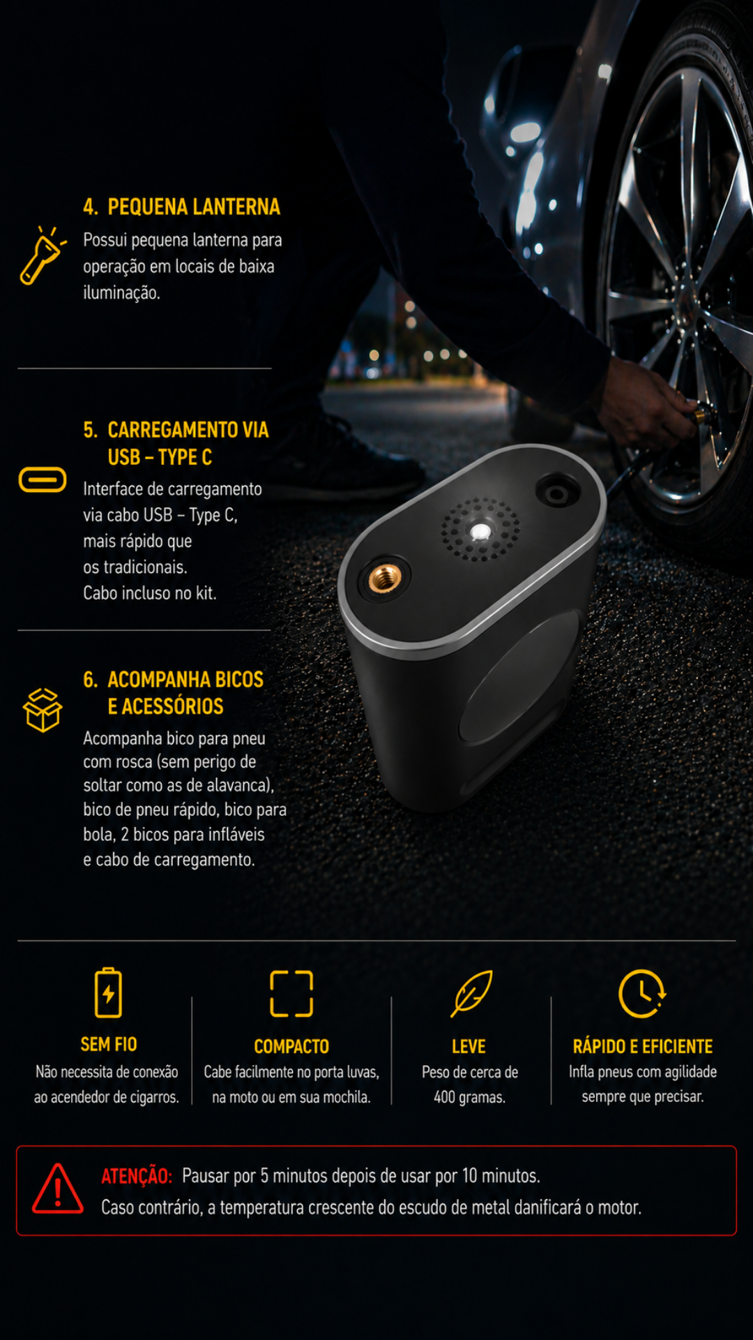 Calibrador Compressor Digital Portátil Sem Fio para Carro, Moto e Bicicleta 3