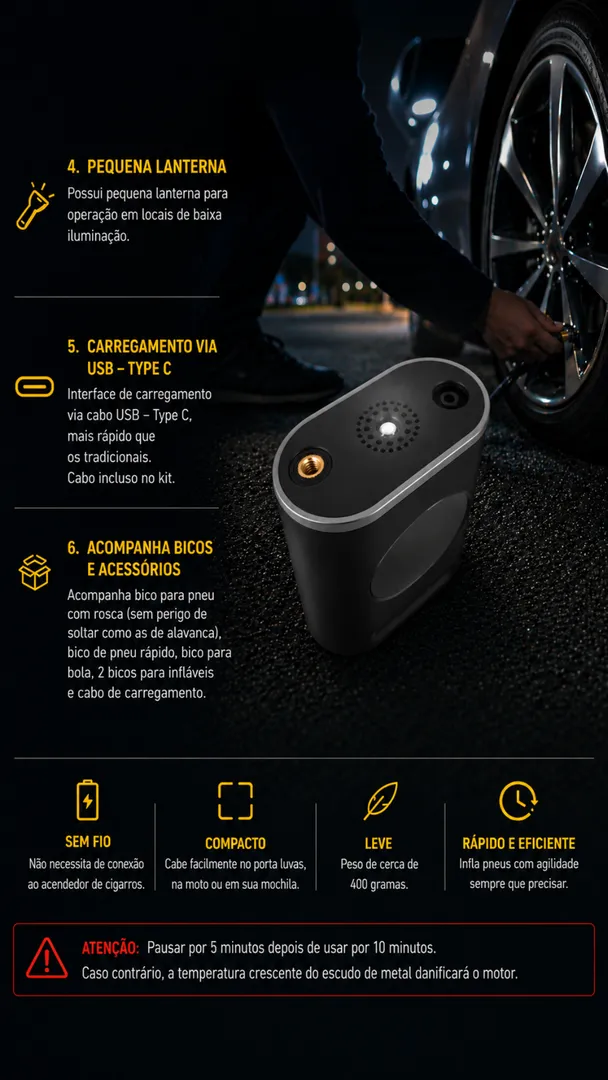 Calibrador Compressor Digital Portátil Sem Fio para Carro, Moto e Bicicleta 3