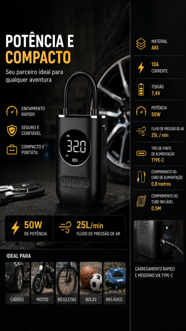 Calibrador Compressor Digital Portátil Sem Fio para Carro, Moto e Bicicleta 4