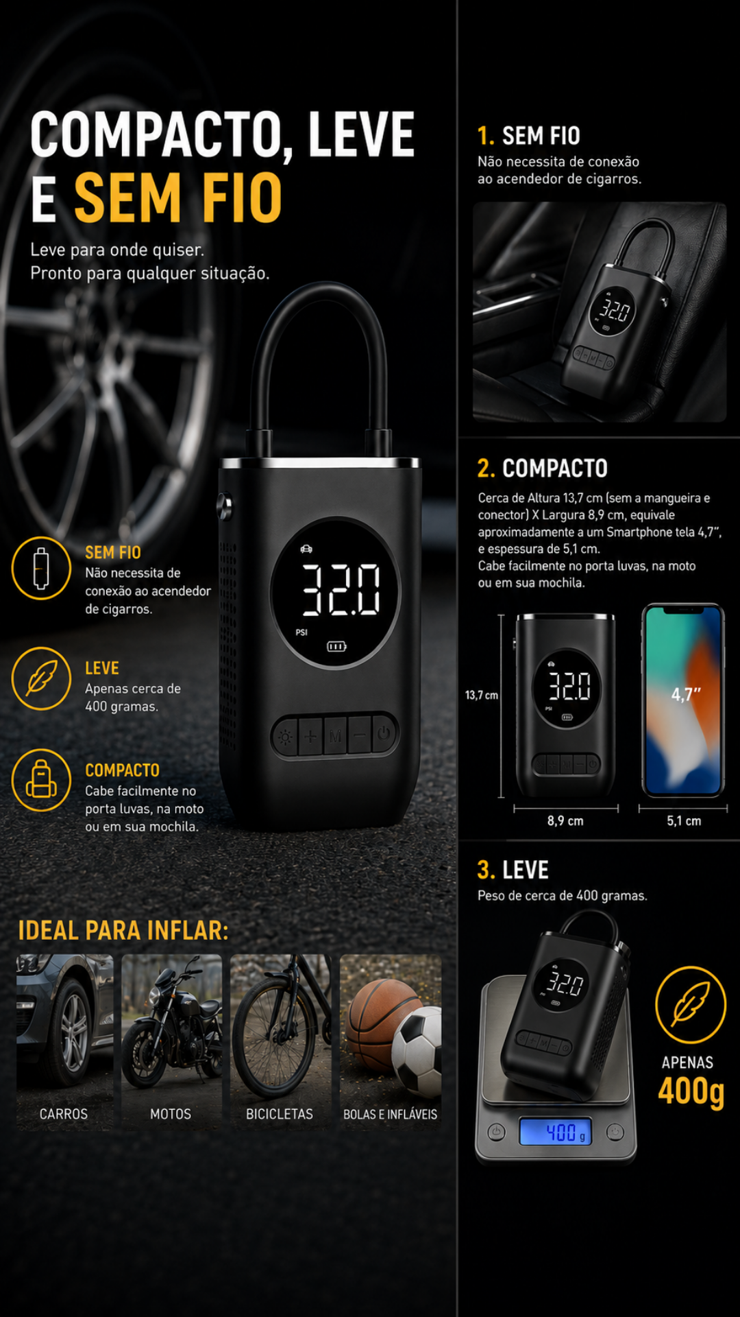 Calibrador Compressor Digital Portátil Sem Fio para Carro, Moto e Bicicleta 5