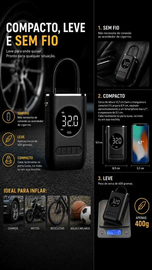Calibrador Compressor Digital Portátil Sem Fio para Carro, Moto e Bicicleta 5