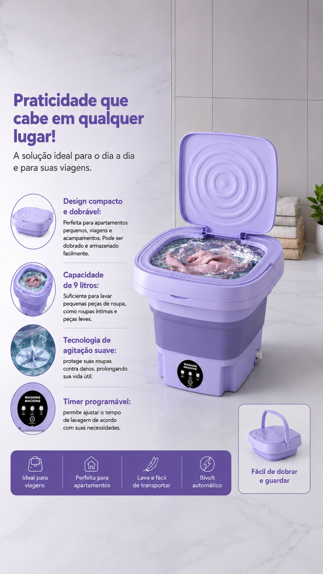 Mini Máquina Lava Roupas Portátil Dobrável 9L Bivolt 3