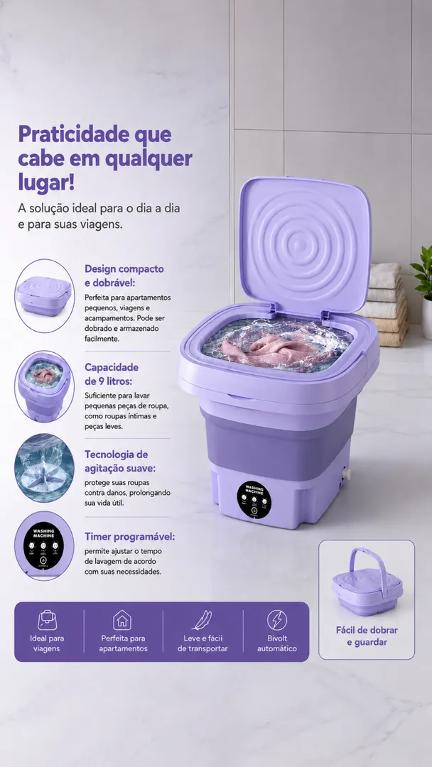 Mini Máquina Lava Roupas Portátil Dobrável 9L Bivolt 3