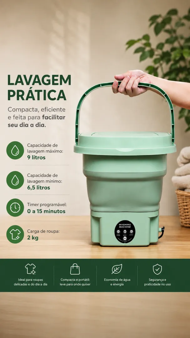 Mini Máquina Lava Roupas Portátil Dobrável 9L Bivolt 6