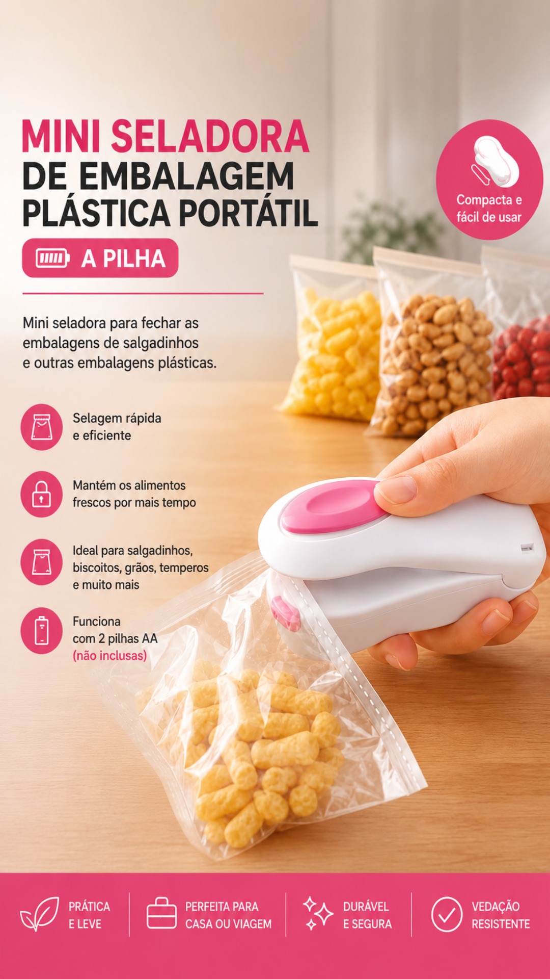Seladora Portátil Fecha Sacos Plástico Mini a Pilha 3