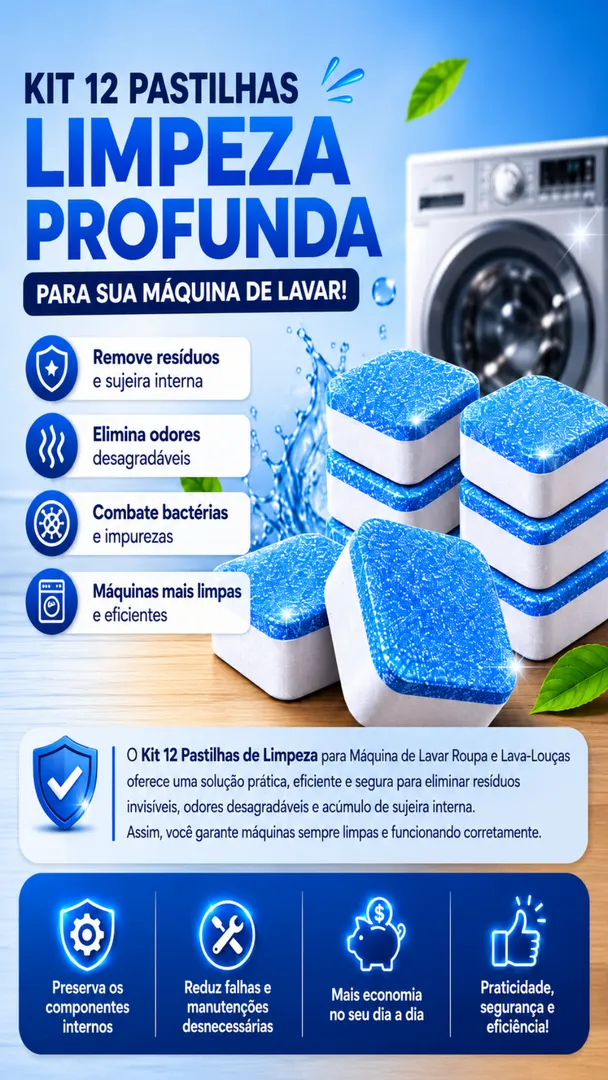Kit 12 Pastilhas de Limpeza para Máquina de Lavar e Lava-Louças 2