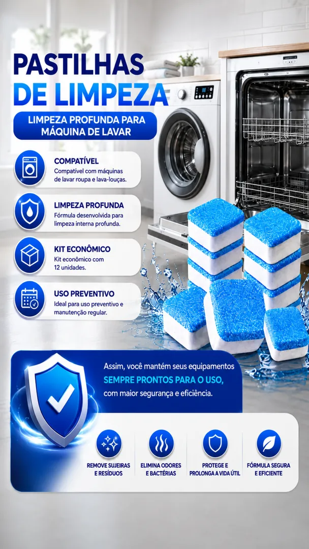 Kit 12 Pastilhas de Limpeza para Máquina de Lavar e Lava-Louças 5