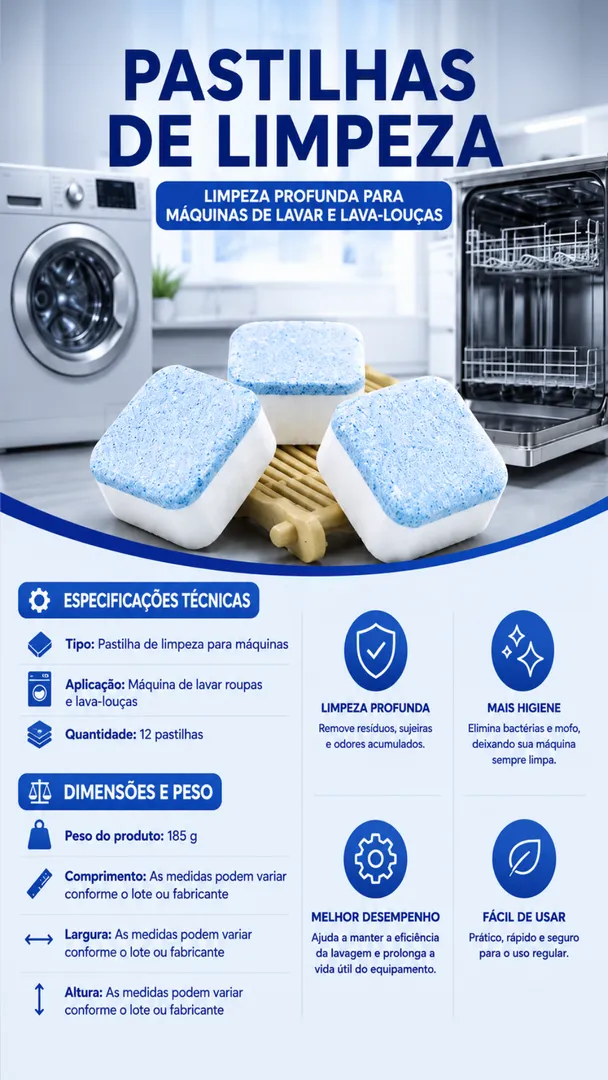 Kit 12 Pastilhas de Limpeza para Máquina de Lavar e Lava-Louças 6