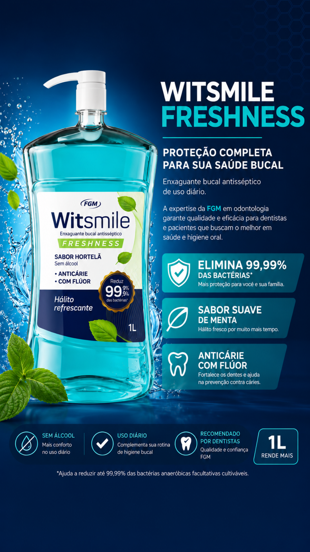 Kit 2 Enxaguantes Bucais FGM 1L Sem Álcool + Brinde 60ml 5