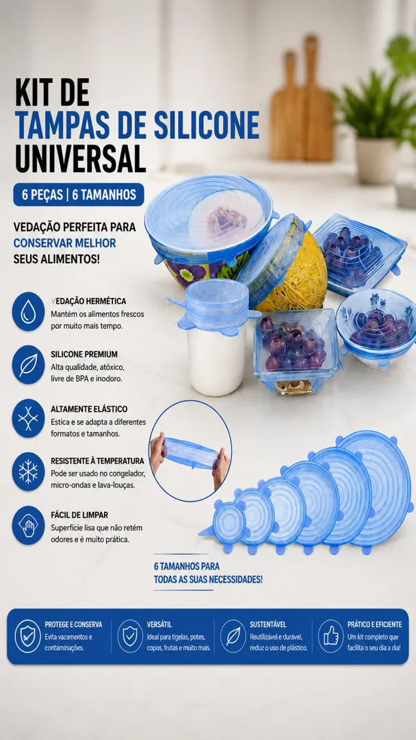 Kit Tampas de Silicone Universal 6 Peças Reutilizáveis 3
