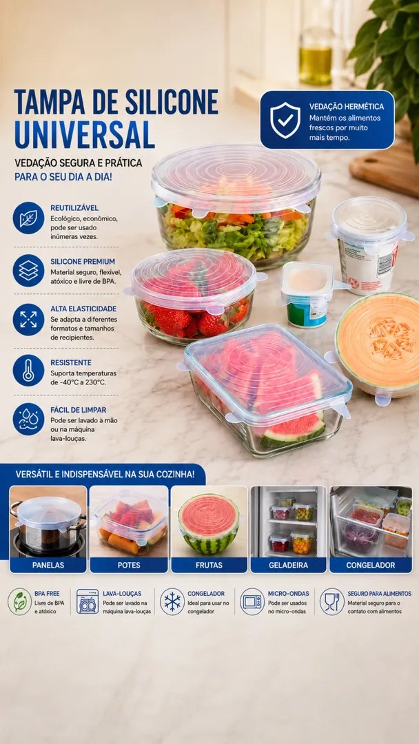Kit Tampas de Silicone Universal 6 Peças Reutilizáveis 5
