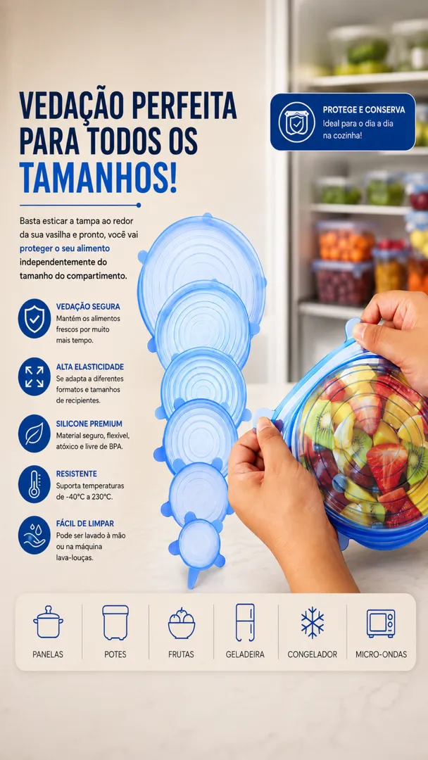 Kit Tampas de Silicone Universal 6 Peças Reutilizáveis 6