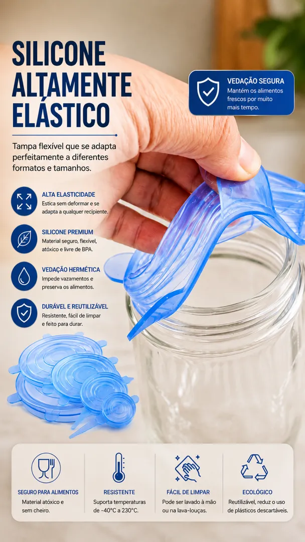 Kit Tampas de Silicone Universal 6 Peças Reutilizáveis 7