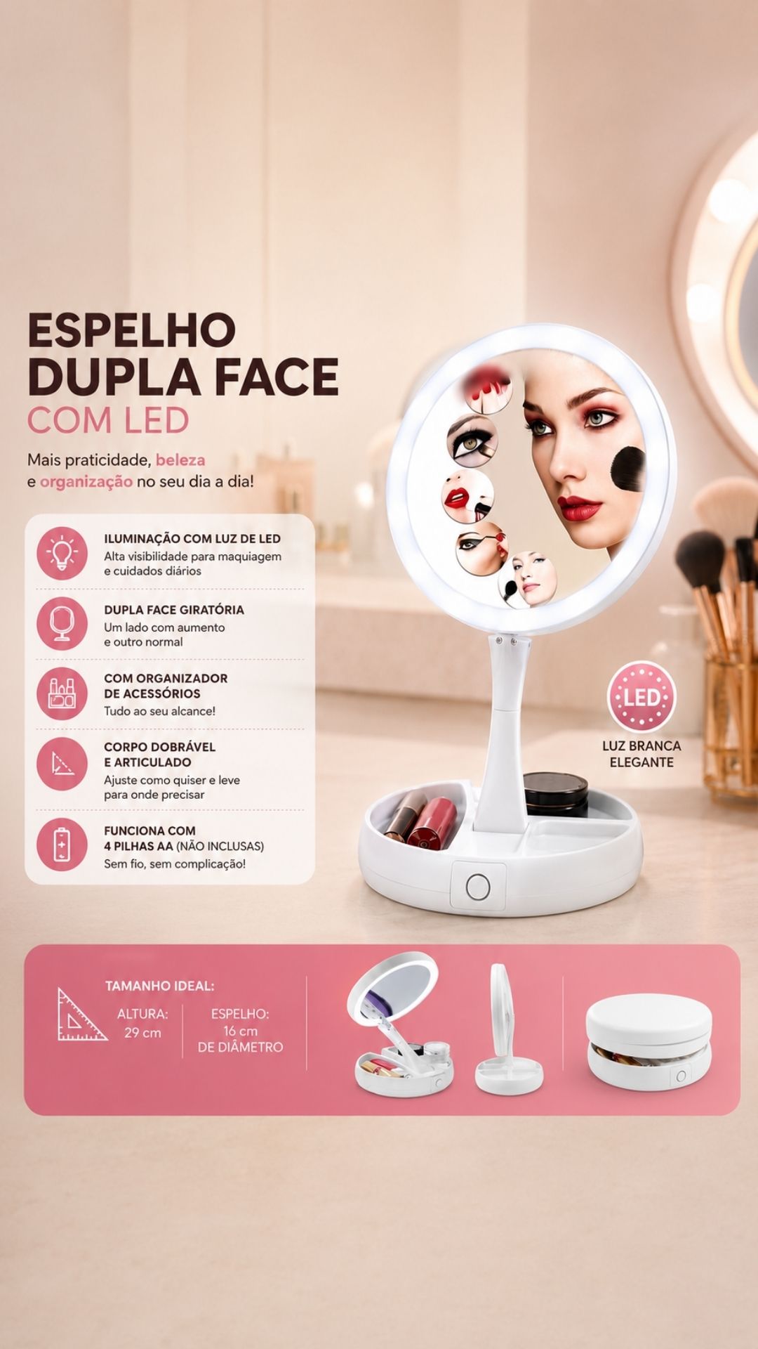 Espelho de Maquiagem LED Retrátil Dupla Face Aumento 10X 3
