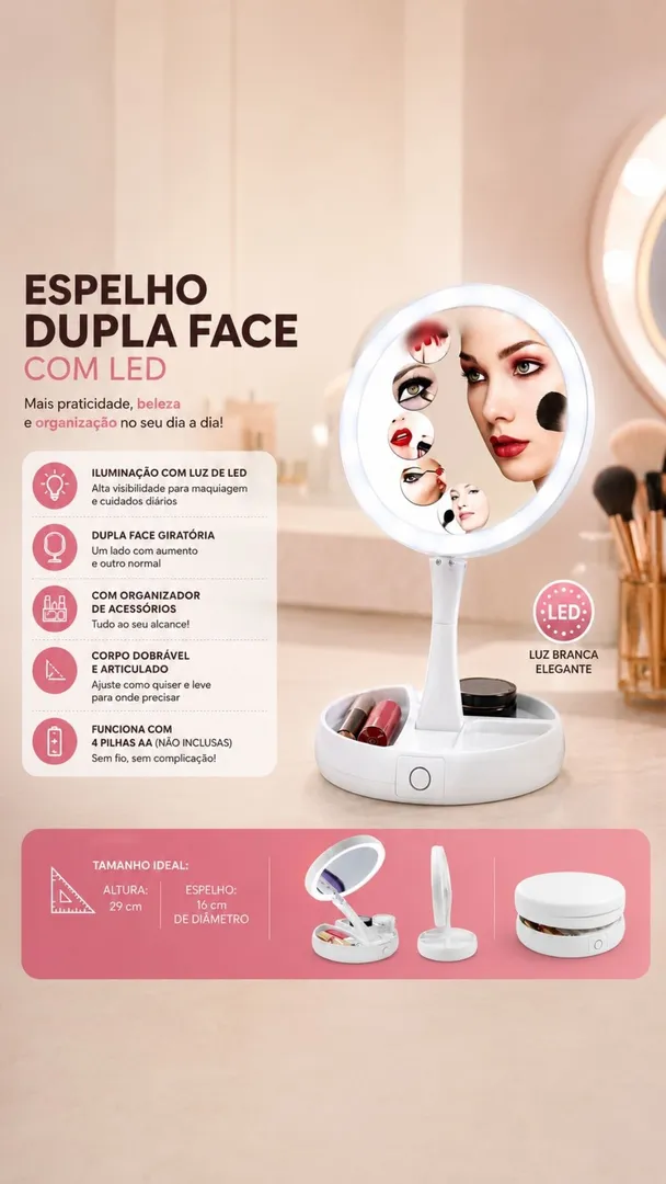 Espelho de Maquiagem LED Retrátil Dupla Face Aumento 10X 3