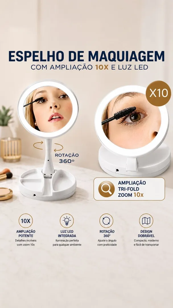 Espelho de Maquiagem LED Retrátil Dupla Face Aumento 10X 4
