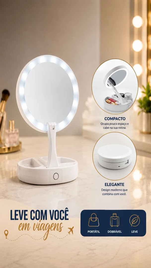 Espelho de Maquiagem LED Retrátil Dupla Face Aumento 10X 7