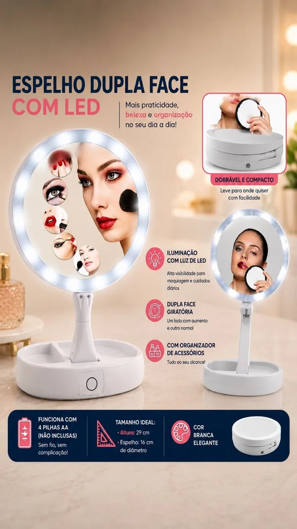 Espelho de Maquiagem LED Retrátil Dupla Face Aumento 10X 5