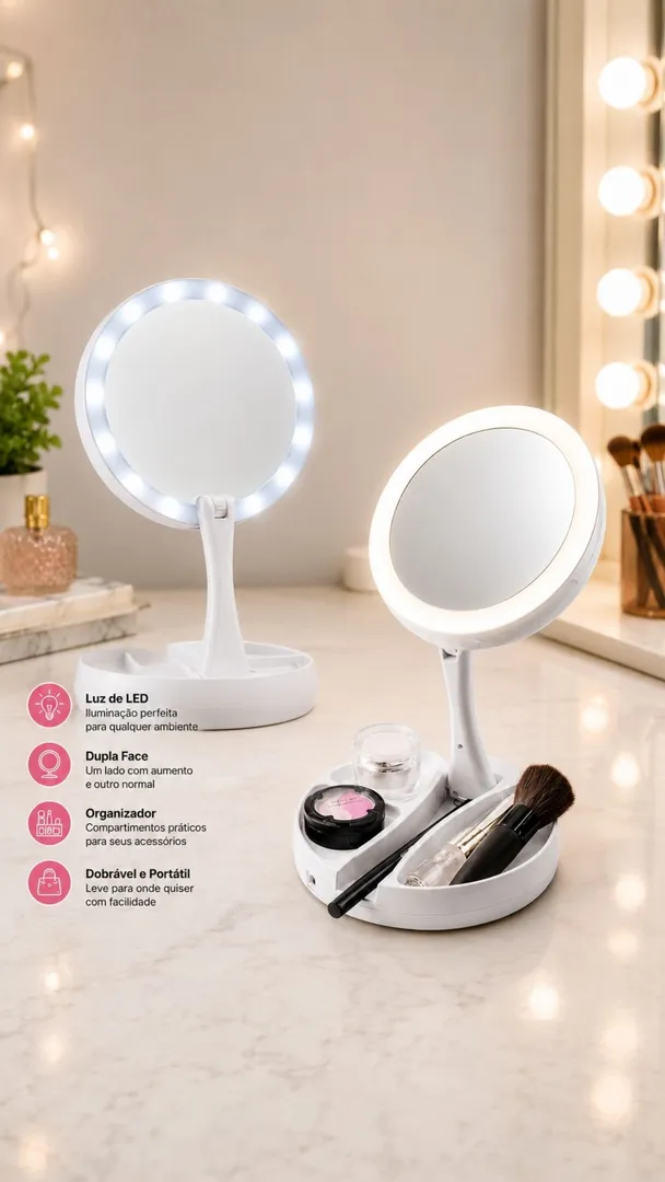 Espelho de Maquiagem LED Retrátil Dupla Face Aumento 10X 8