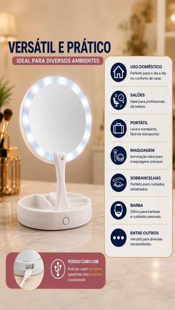 Espelho de Maquiagem LED Retrátil Dupla Face Aumento 10X 6