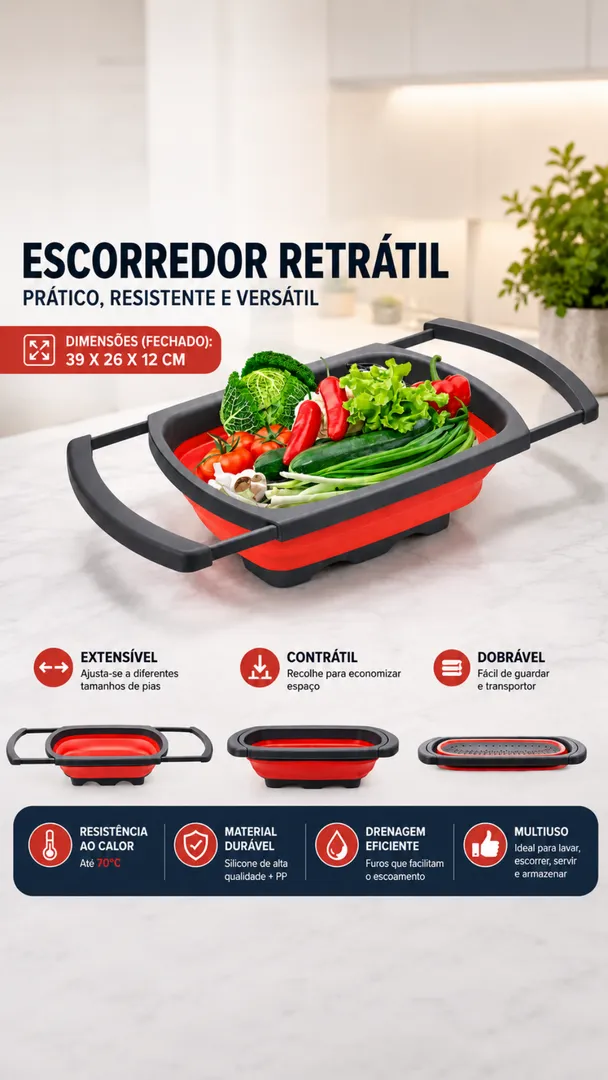 Escorredor de Alimentos Retrátil Extensível de Silicone para Pia 4