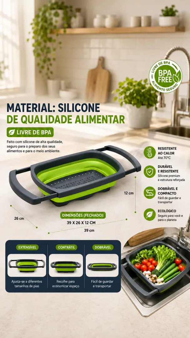 Escorredor de Alimentos Retrátil Extensível de Silicone para Pia 5