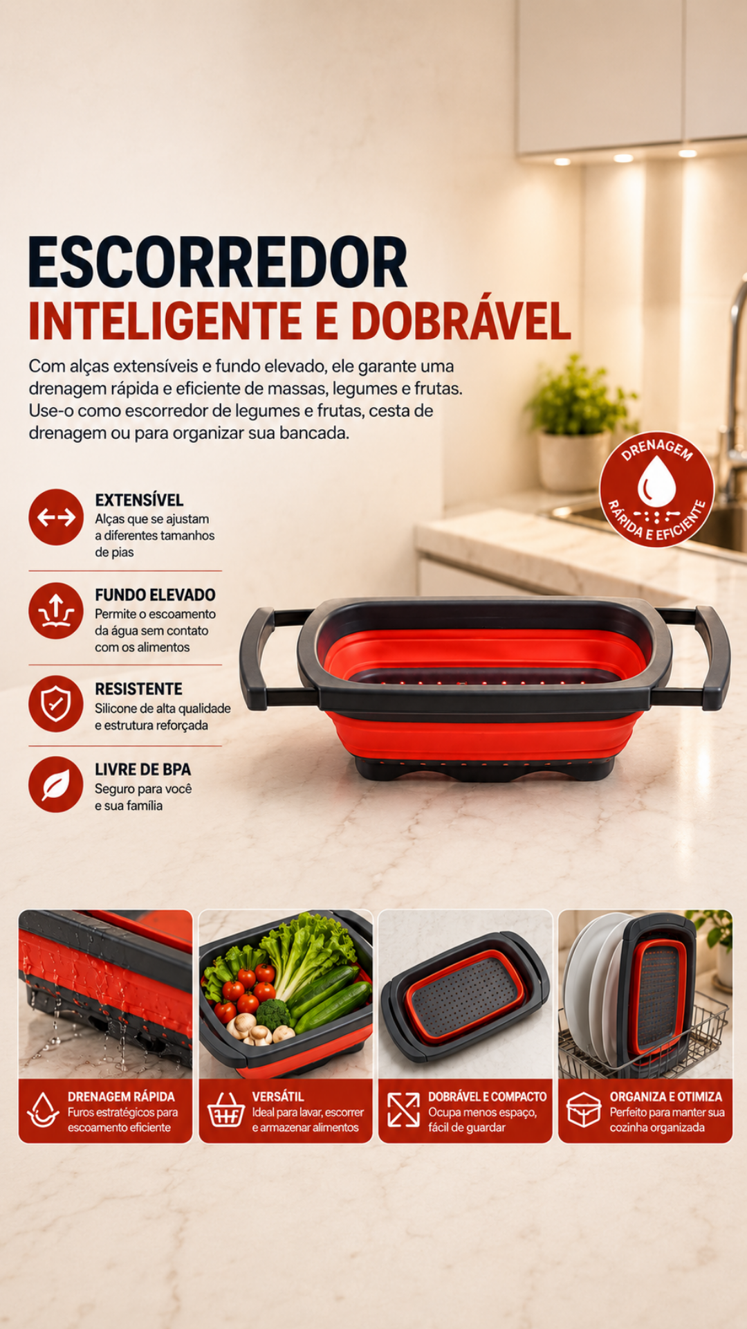 Escorredor de Alimentos Retrátil Extensível de Silicone para Pia 7