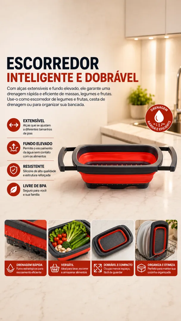 Escorredor de Alimentos Retrátil Extensível de Silicone para Pia 7