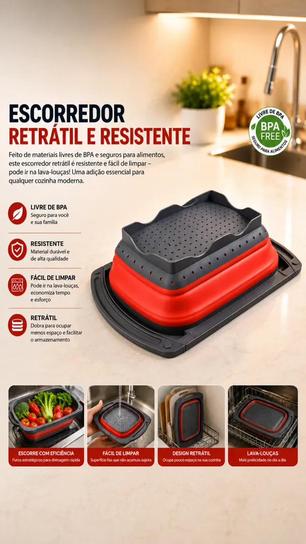 Escorredor de Alimentos Retrátil Extensível de Silicone para Pia 8