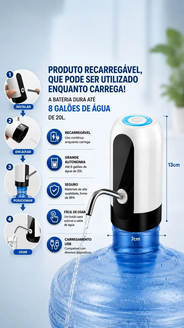 Bomba Elétrica para Galão de Água Recarregável USB Universal 3