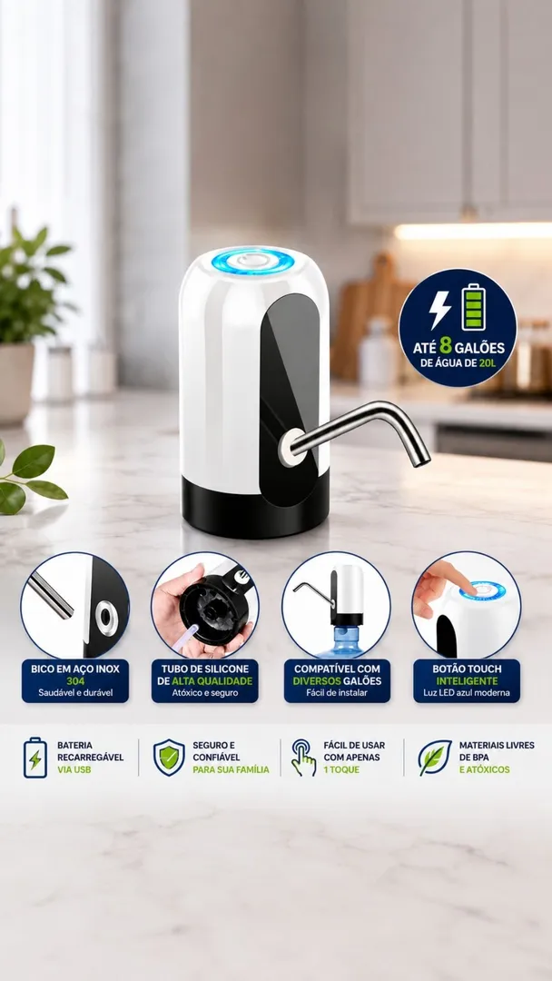 Bomba Elétrica para Galão de Água Recarregável USB Universal 4