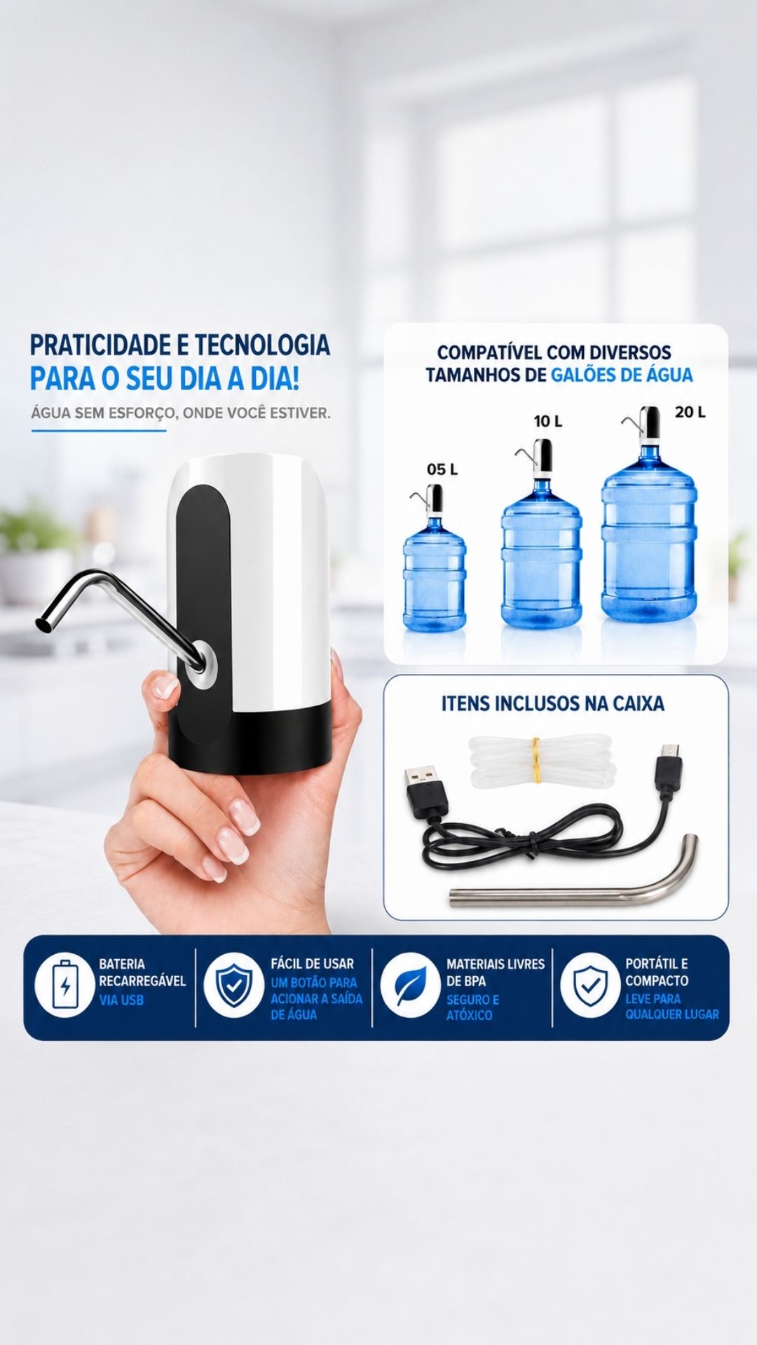 Bomba Elétrica para Galão de Água Recarregável USB Universal 5