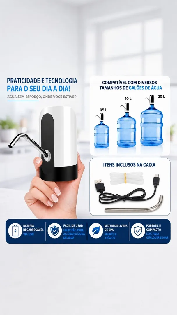 Bomba Elétrica para Galão de Água Recarregável USB Universal 5