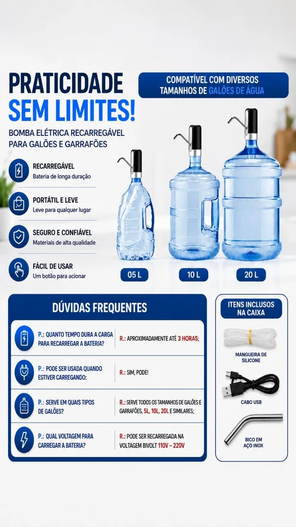 Bomba Elétrica para Galão de Água Recarregável USB Universal 6