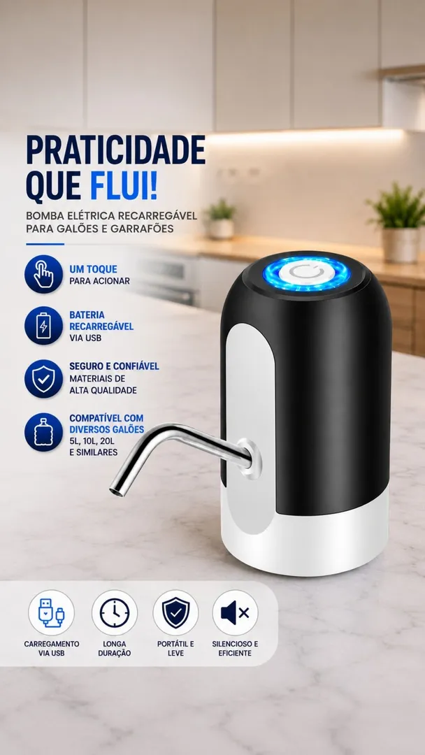 Bomba Elétrica para Galão de Água Recarregável USB Universal 8