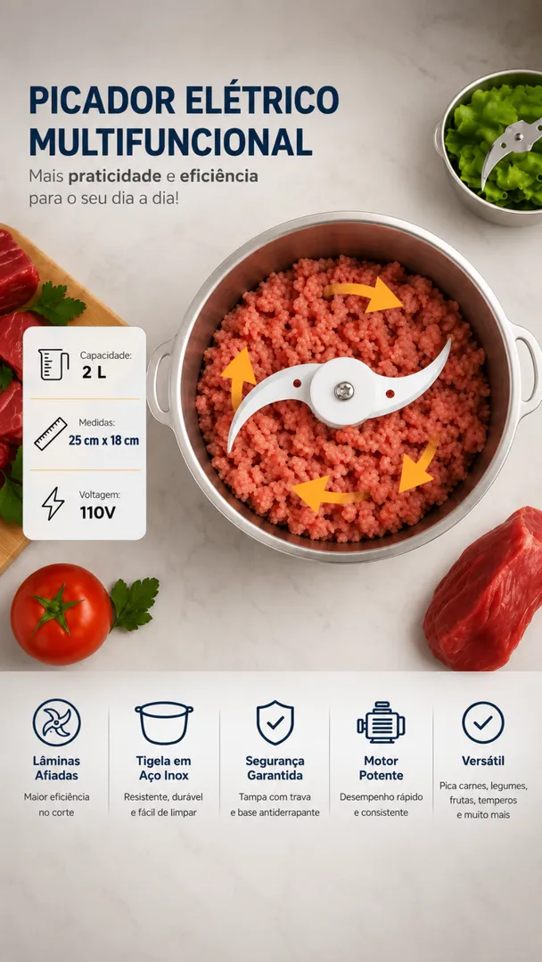 Multiprocessador Elétrico 2L Triturador de Carne, Alho e Legumes 3