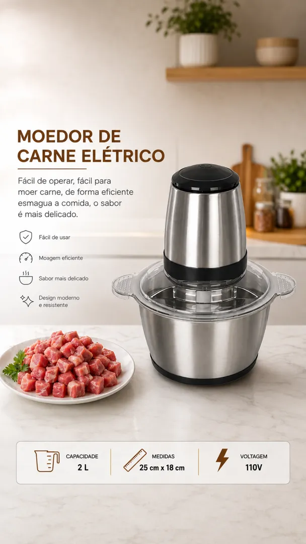 Multiprocessador Elétrico 2L Triturador de Carne, Alho e Legumes 4
