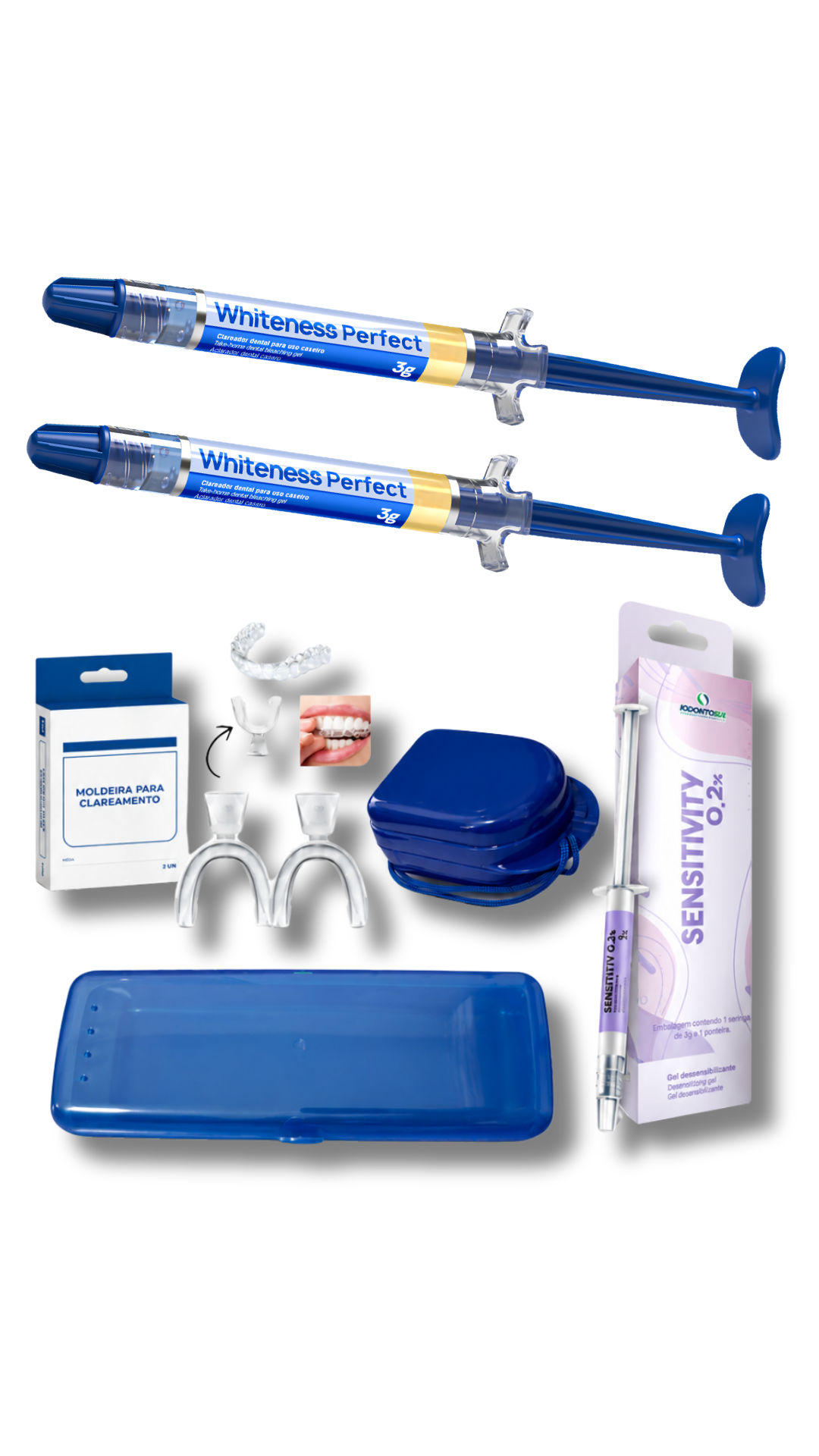 Kit Clareador Dental Whiteness Simple FGM com 2 Seringas + Dessensibilizante +  Moldeira
